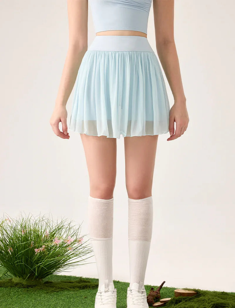 Mesh Sheer Pleated Skirt Tulle Skirt with Short and Pocket