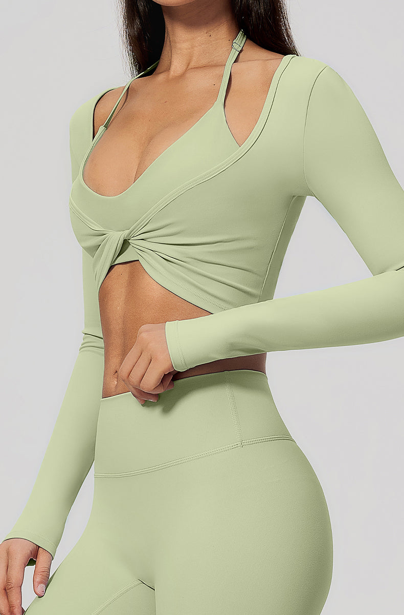 Long Sleeve Twist Front Crop Wrap Top with Sports Bra