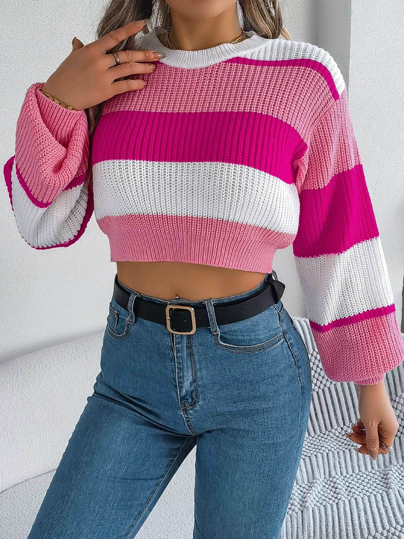 Colorblock Lantern Sleeve Crop Pullover Sweater