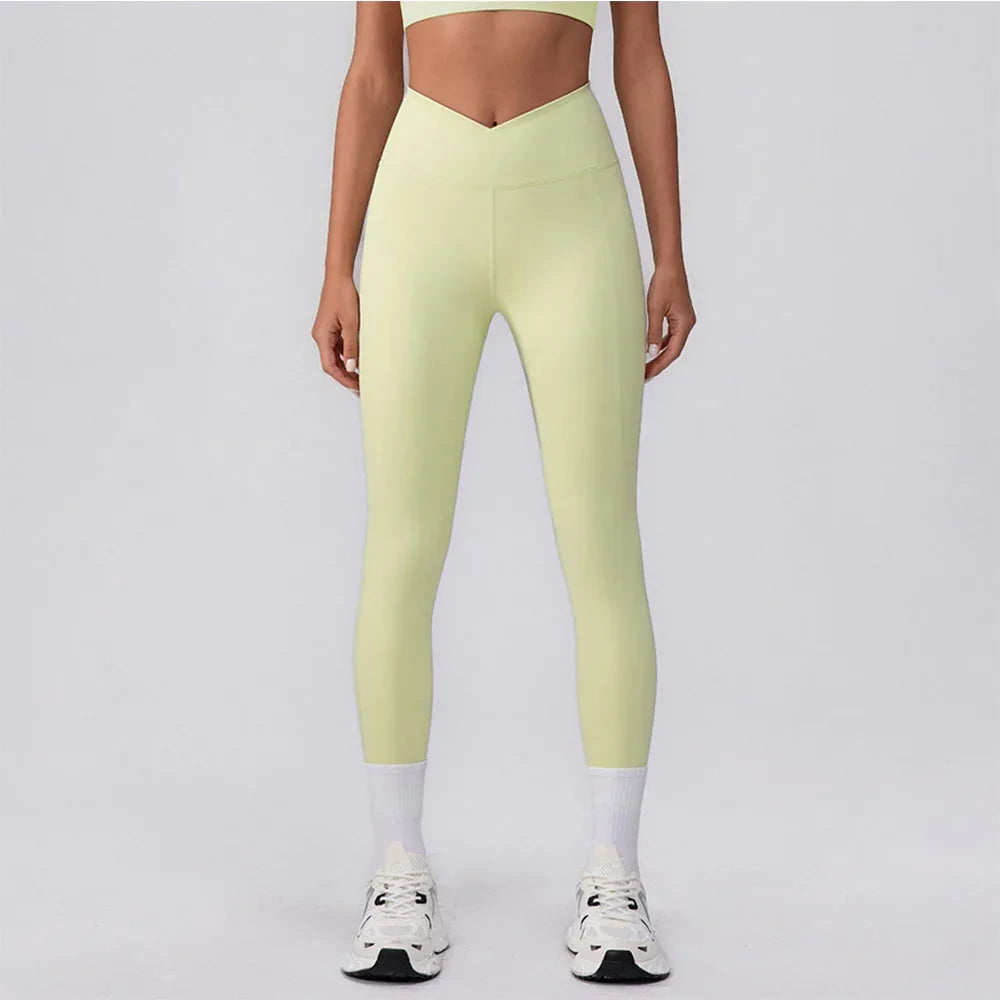 V Cross High Waist Butt Lifting Workout Leggings - Yellow