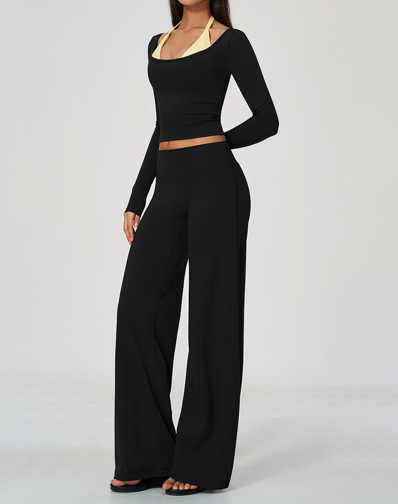 2 Piece Long Sleeve Sports T-Shirt and Wide Leg Pant