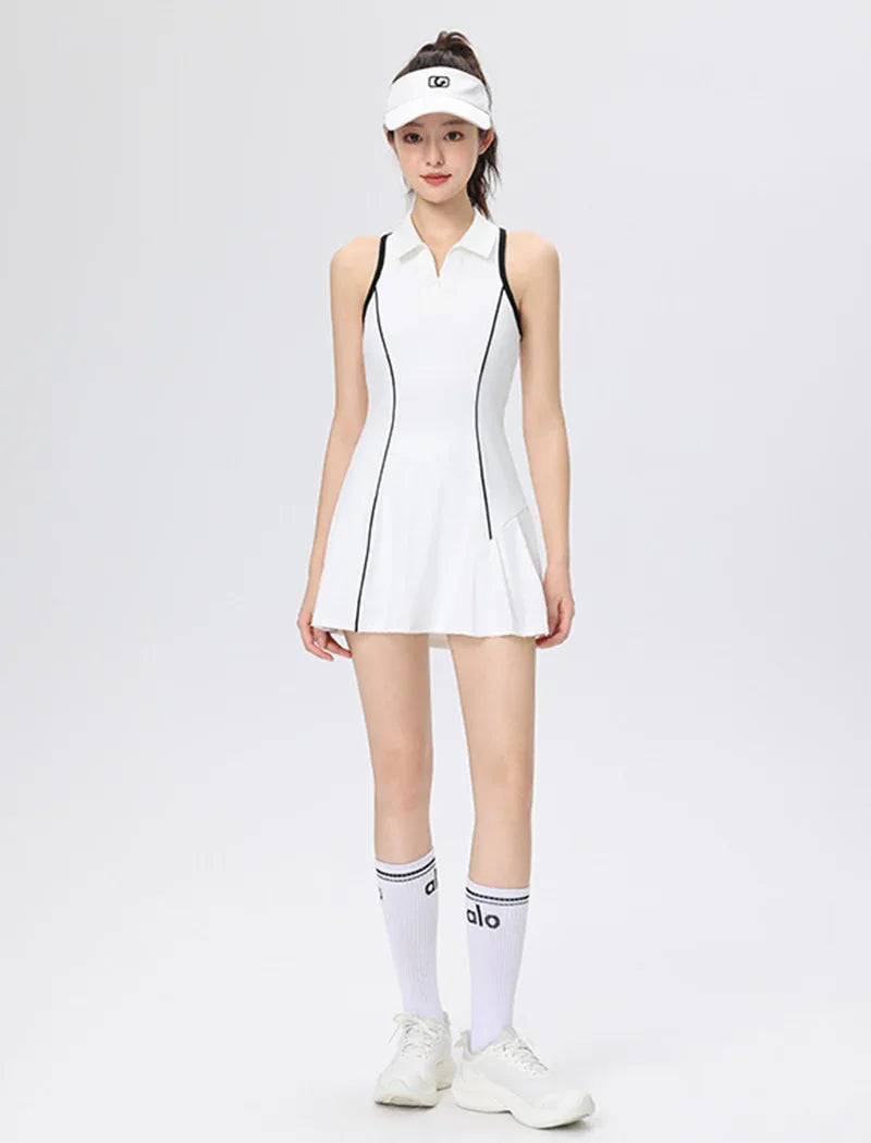 Tennis Golf Dresses Sleeveless Athletic Dress with Shorts - White