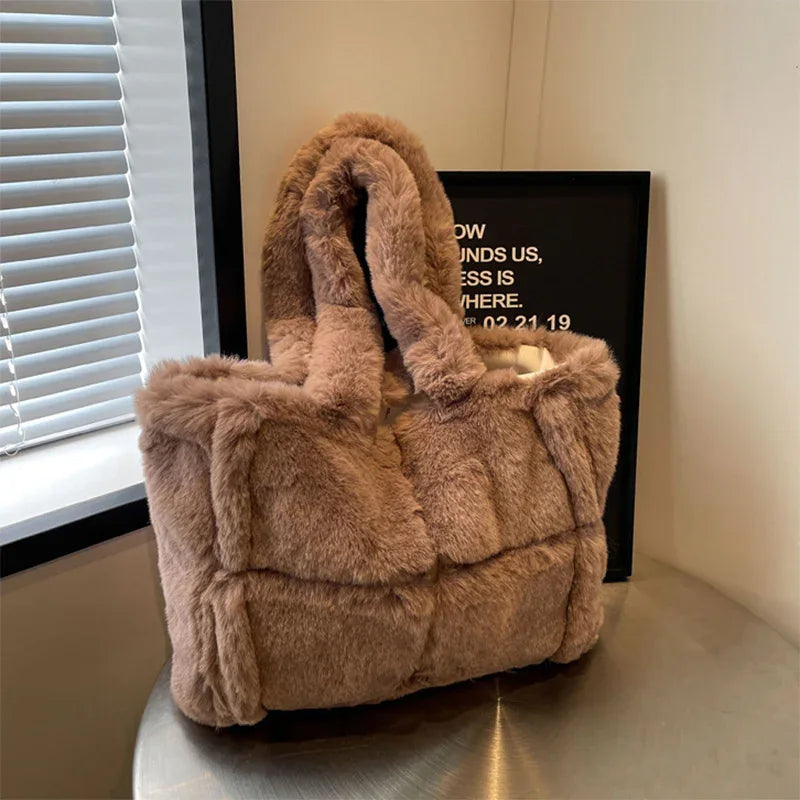Winter Soft Plush Shoulder Handbag Bag Large Fluffy Tote Bag - Brown