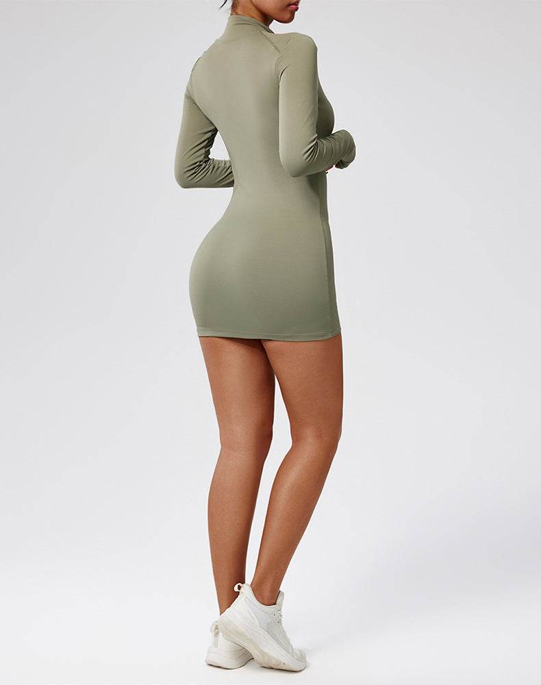 Long Sleeve Slim Fit Zip Tennis Dresses with Thumb Holes -