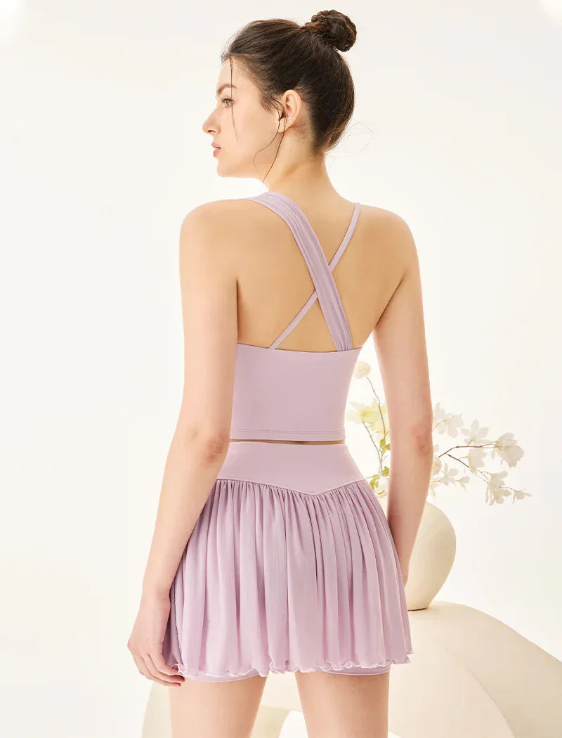 Mesh Tennis Set with Asymmetrical Strap Tank Top and Skirt -