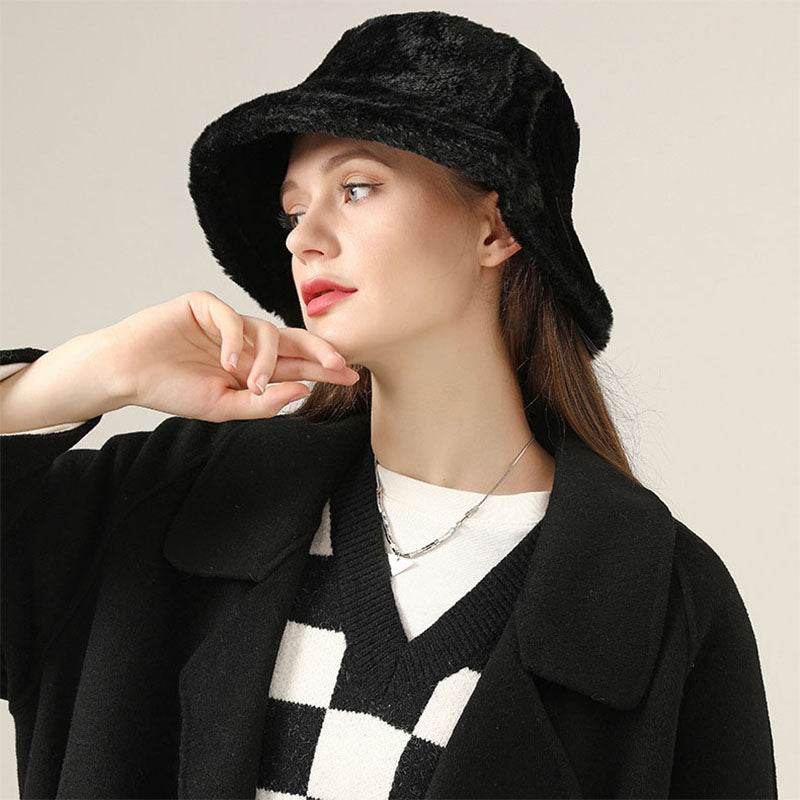 Faux Fur Winter Bucket Hat Fuzzy Warm Fisherman Cap