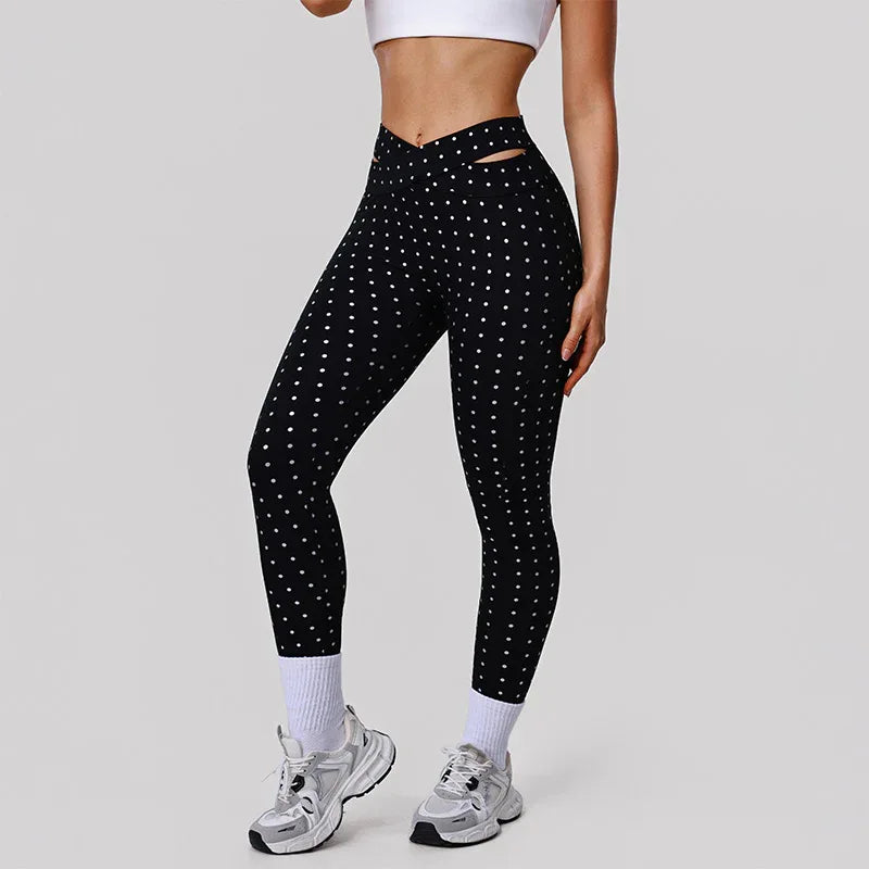Silver Polka Dot Yoga Leggings Cross-cut Black Workout Pants -