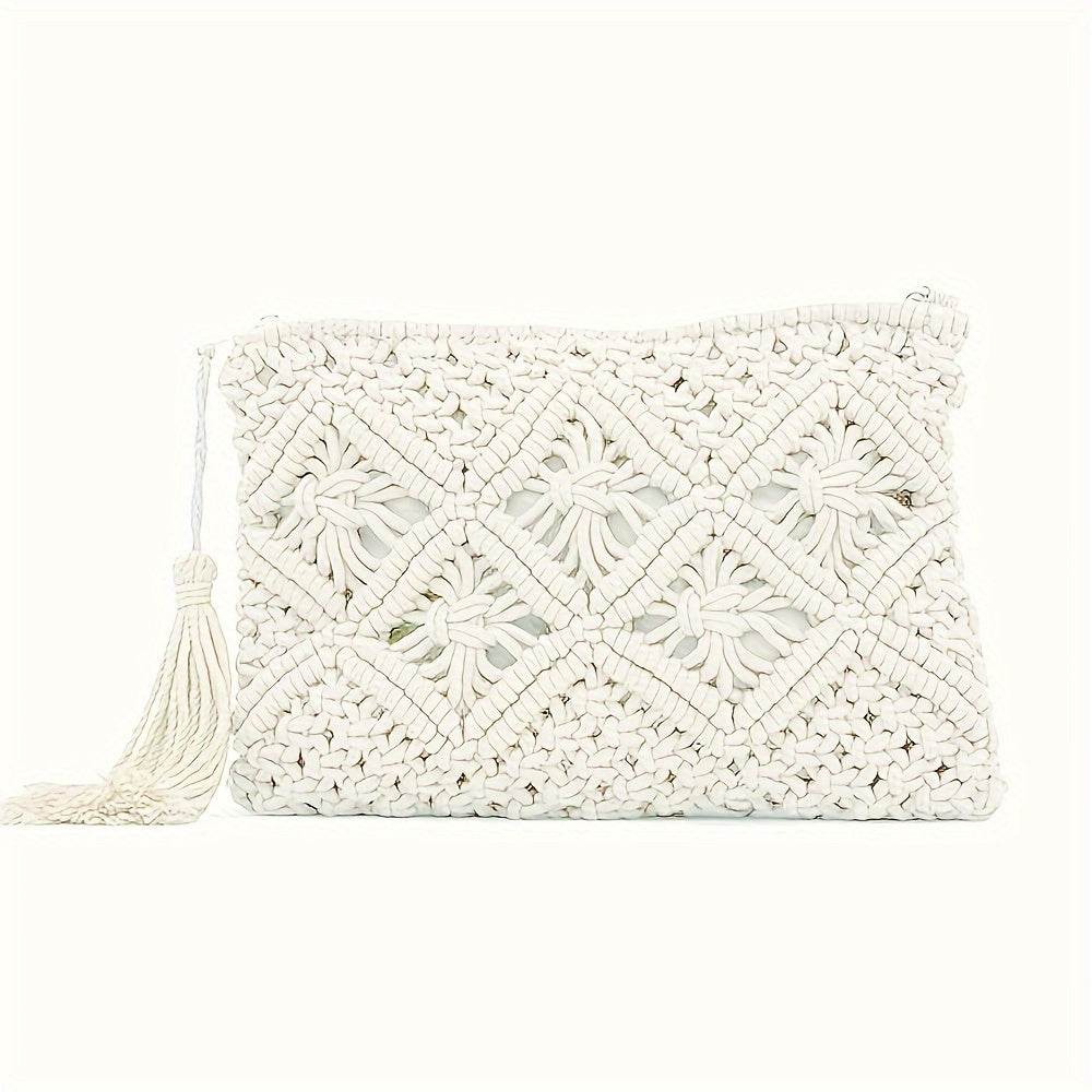 Geometric Print Fabric Straw Woven Clutch Bag