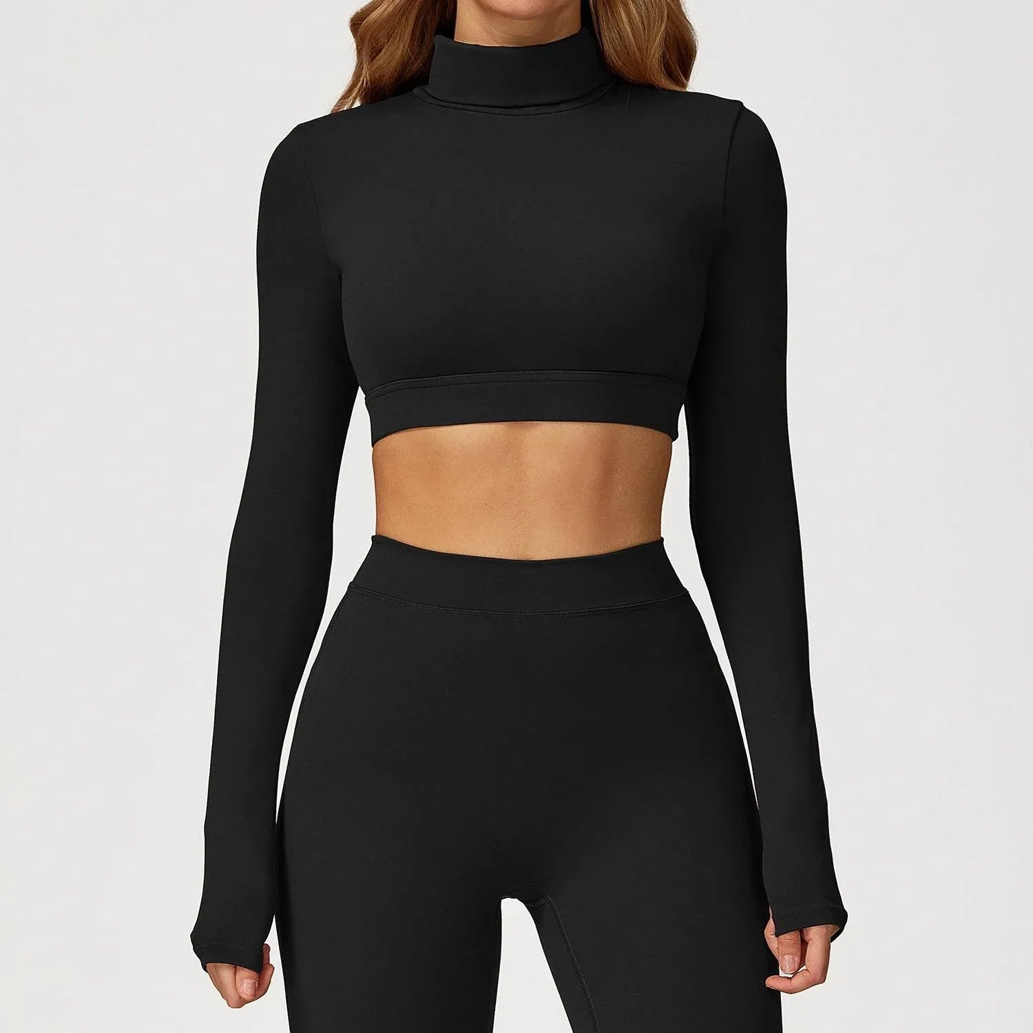 Backless Turtleneck Crop Top Long Sleeve Yoga T-Shirt - Black
