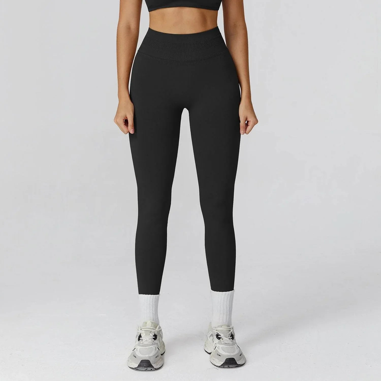 High Waist Workout Leggings Tummy Biker Pants - Black