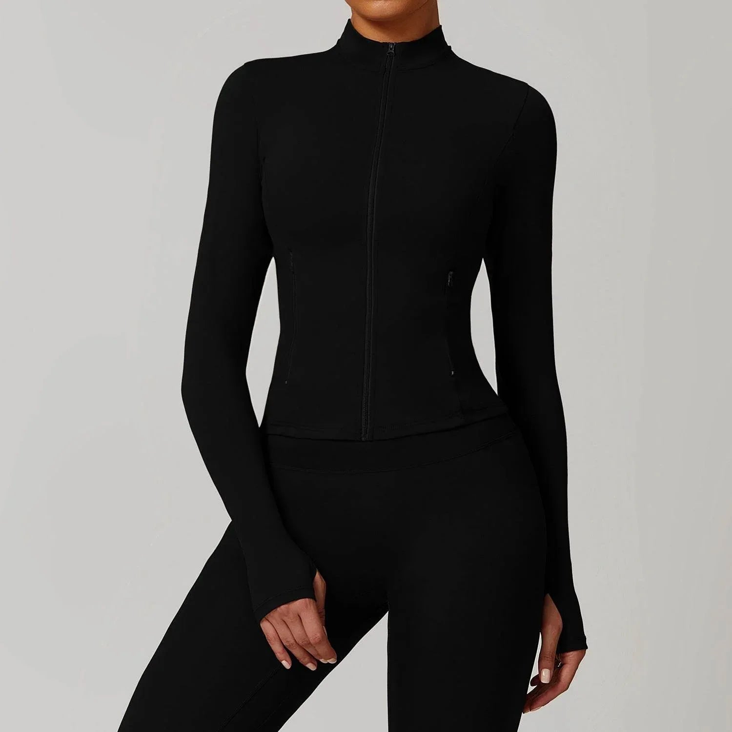 Zip Up Workout Jacket Long Sleeve Athletic Coat with Pockets - Black