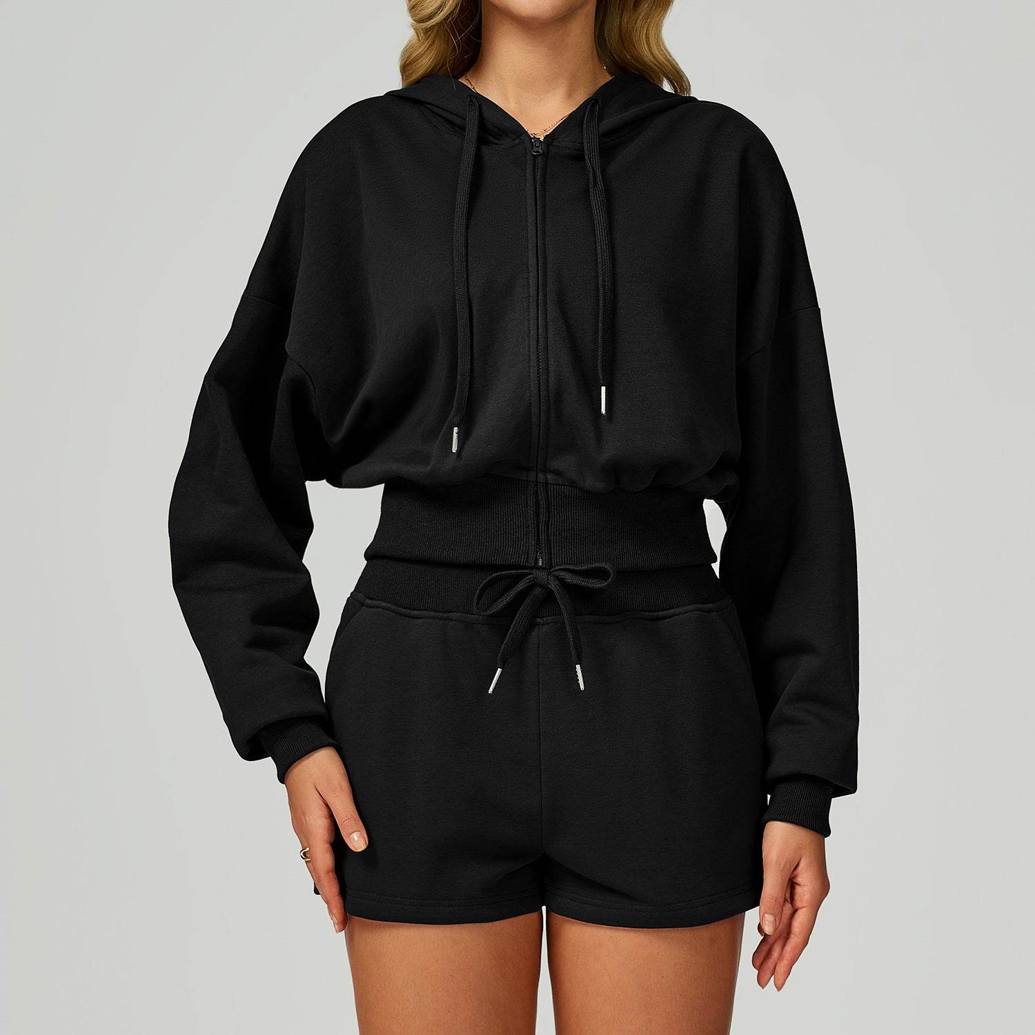 Long Sleeve Full Zip Up Crop Drawstring Hoodie Jacket