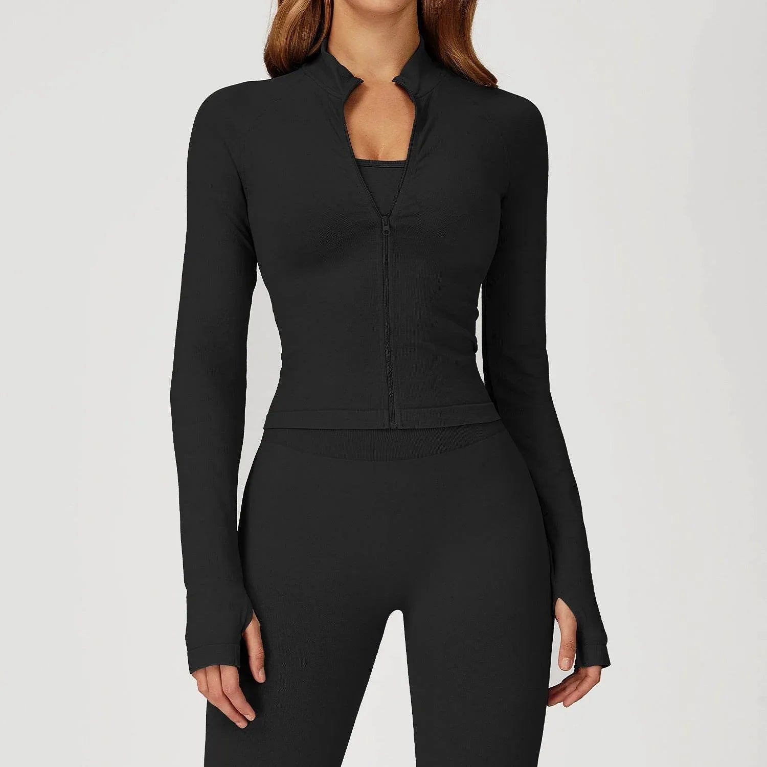 Zip Up Slim Athletic Jacket Yoga Crop Top with Thumb Hole - Black