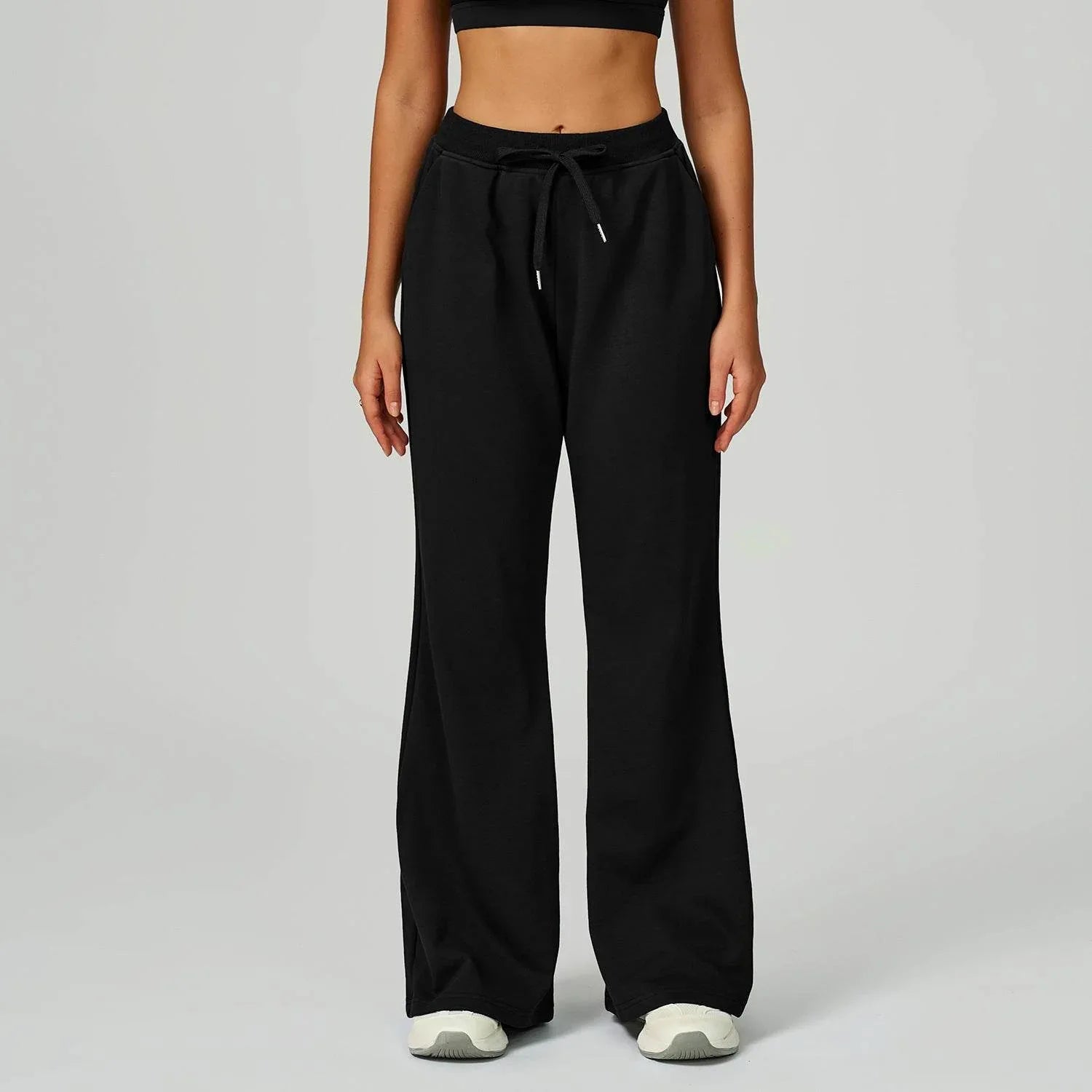 Drawstring Lounge Pants Straight Leg Joggers Trouser - Black