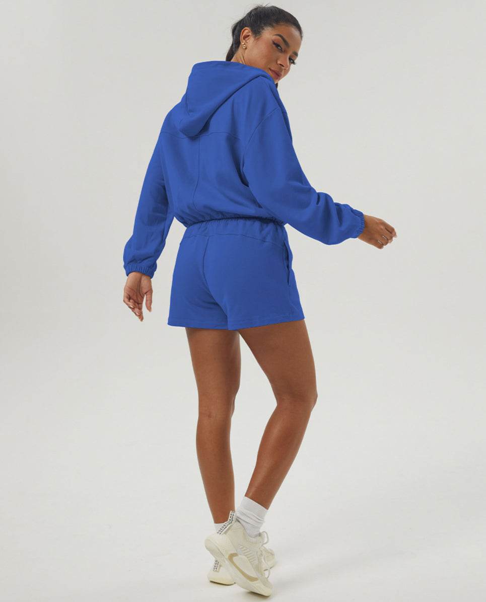 Loose Sports Set with Full Zip Hooded and Adjustable Short