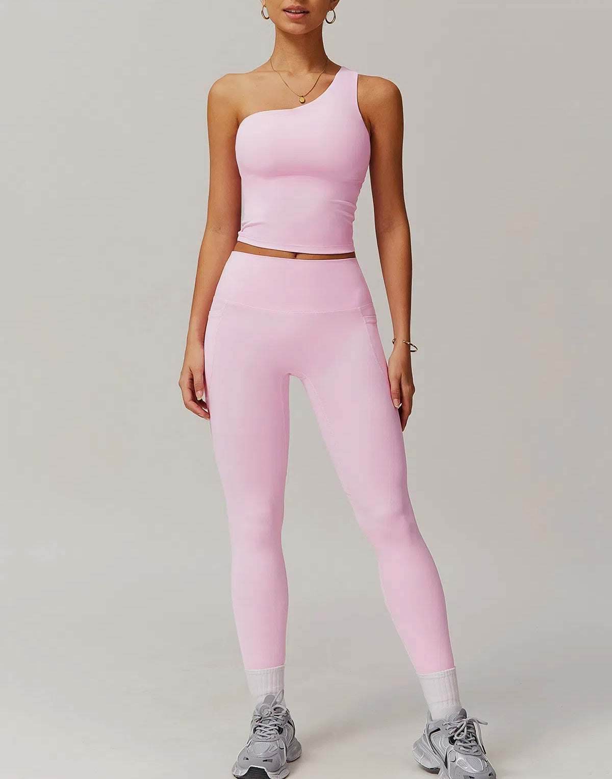 Solid Yoga Set With One shoulder Tank Top and Legging