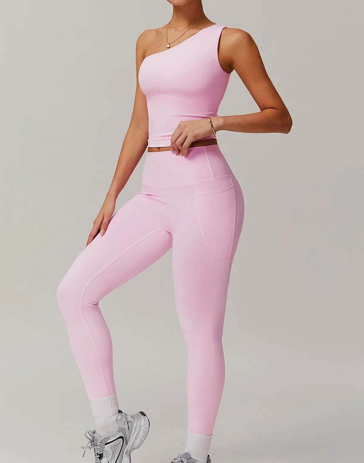 Solid Yoga Set With One shoulder Tank Top and Legging