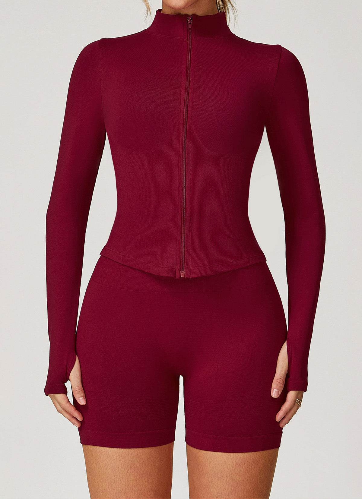 Full Zip Cropped Workout Jacket with Thumb Holes - Cherry Red