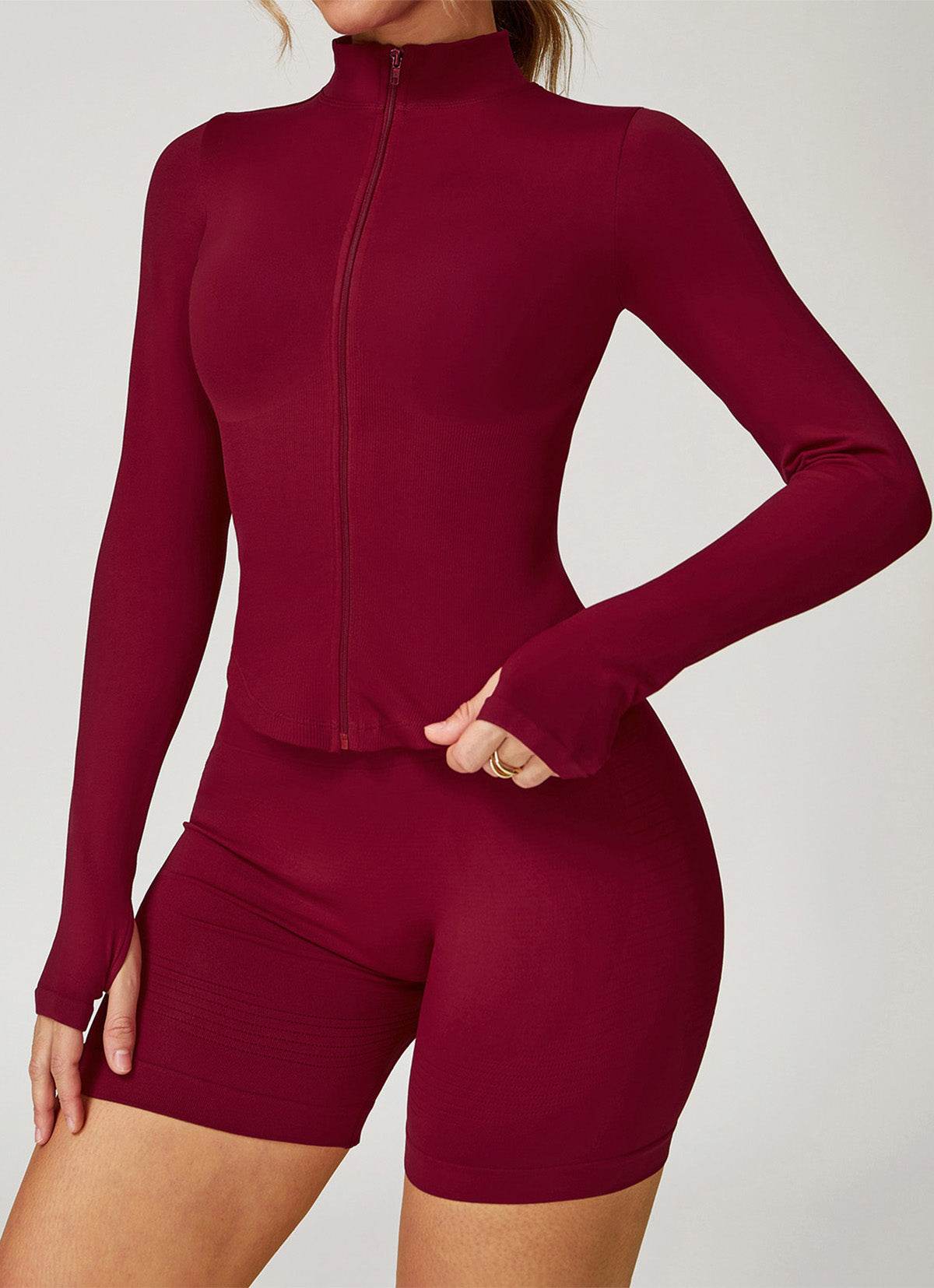 Full Zip Cropped Workout Jacket with Thumb Holes -