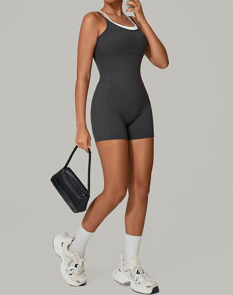 Fake Two Piece Short Bodysuit One Piece Athletic Jumpsuit