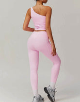 Solid Yoga Set With One shoulder Tank Top and Legging