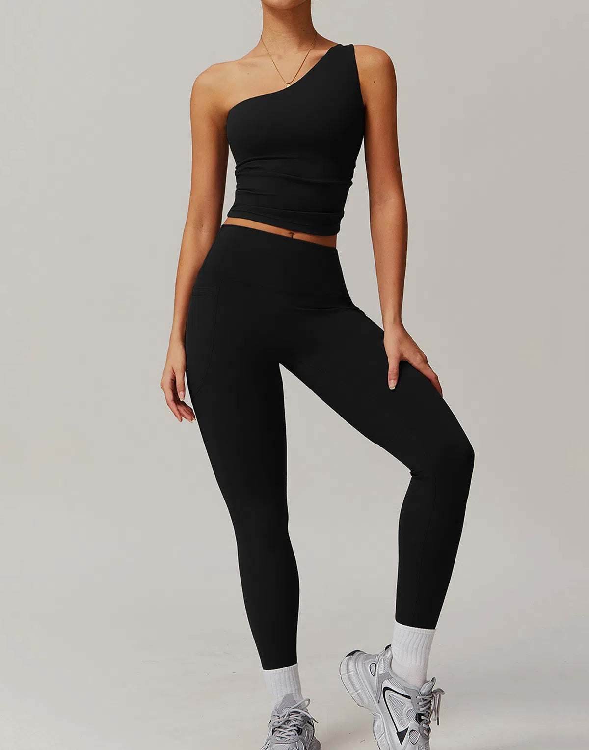 Solid Yoga Set With One shoulder Tank Top and Legging