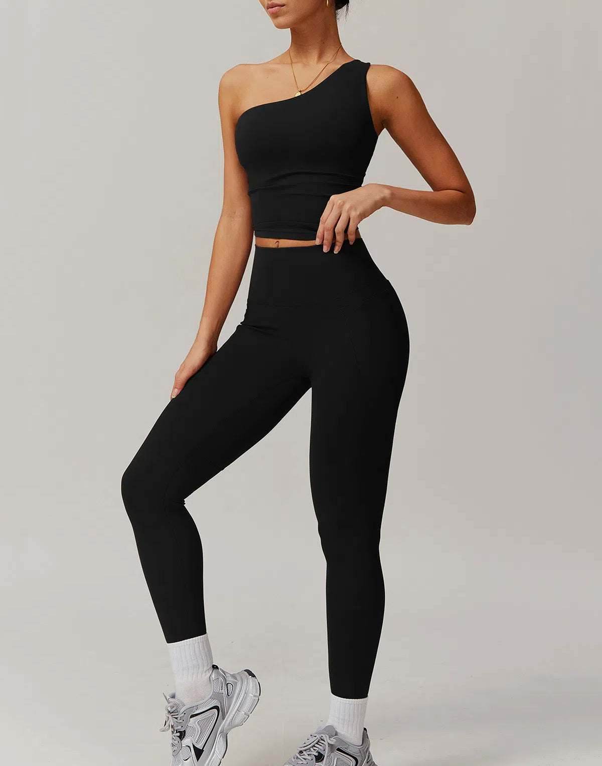 Solid Yoga Set With One shoulder Tank Top and Legging