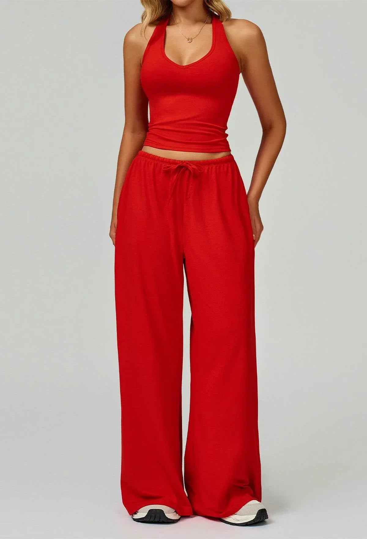 Activewear Wear with Tank Top and Wide Leg Lounge Pants - Bright Red