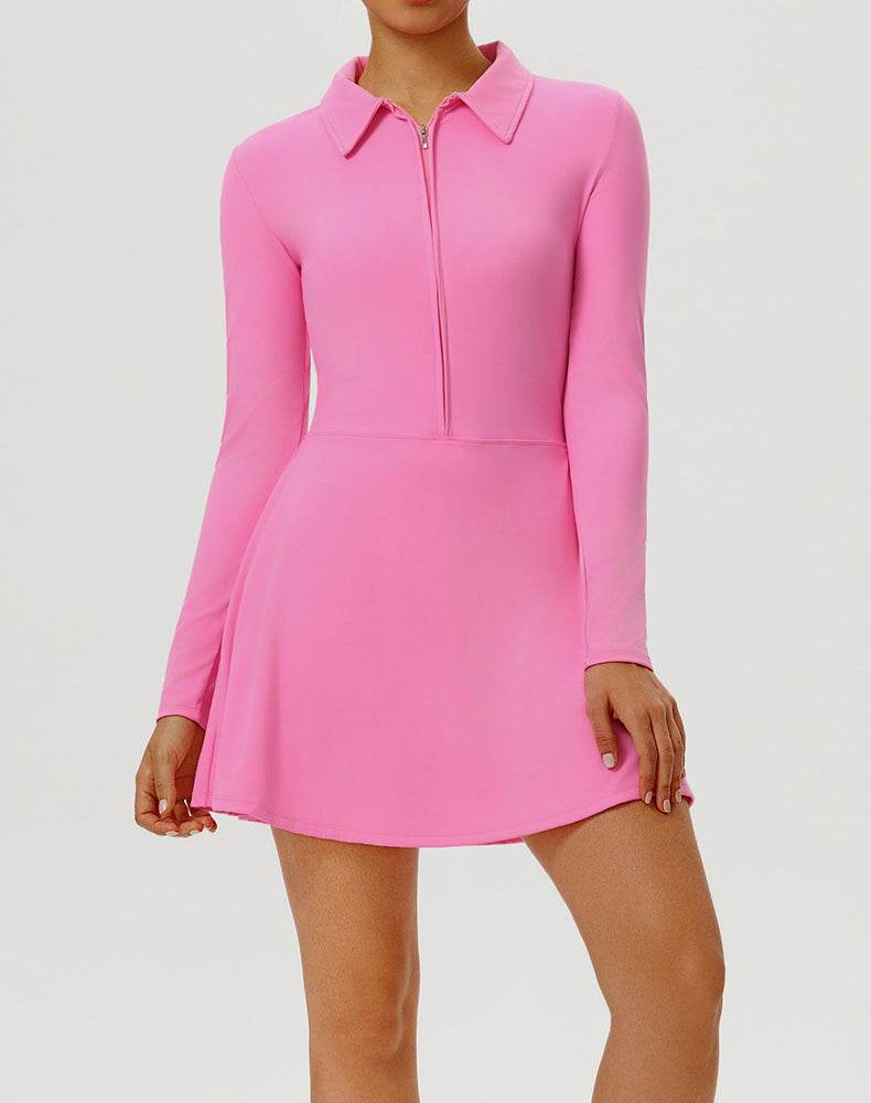 Long Sleeve Zip Polo Collar Tennis Dress with Built in Short