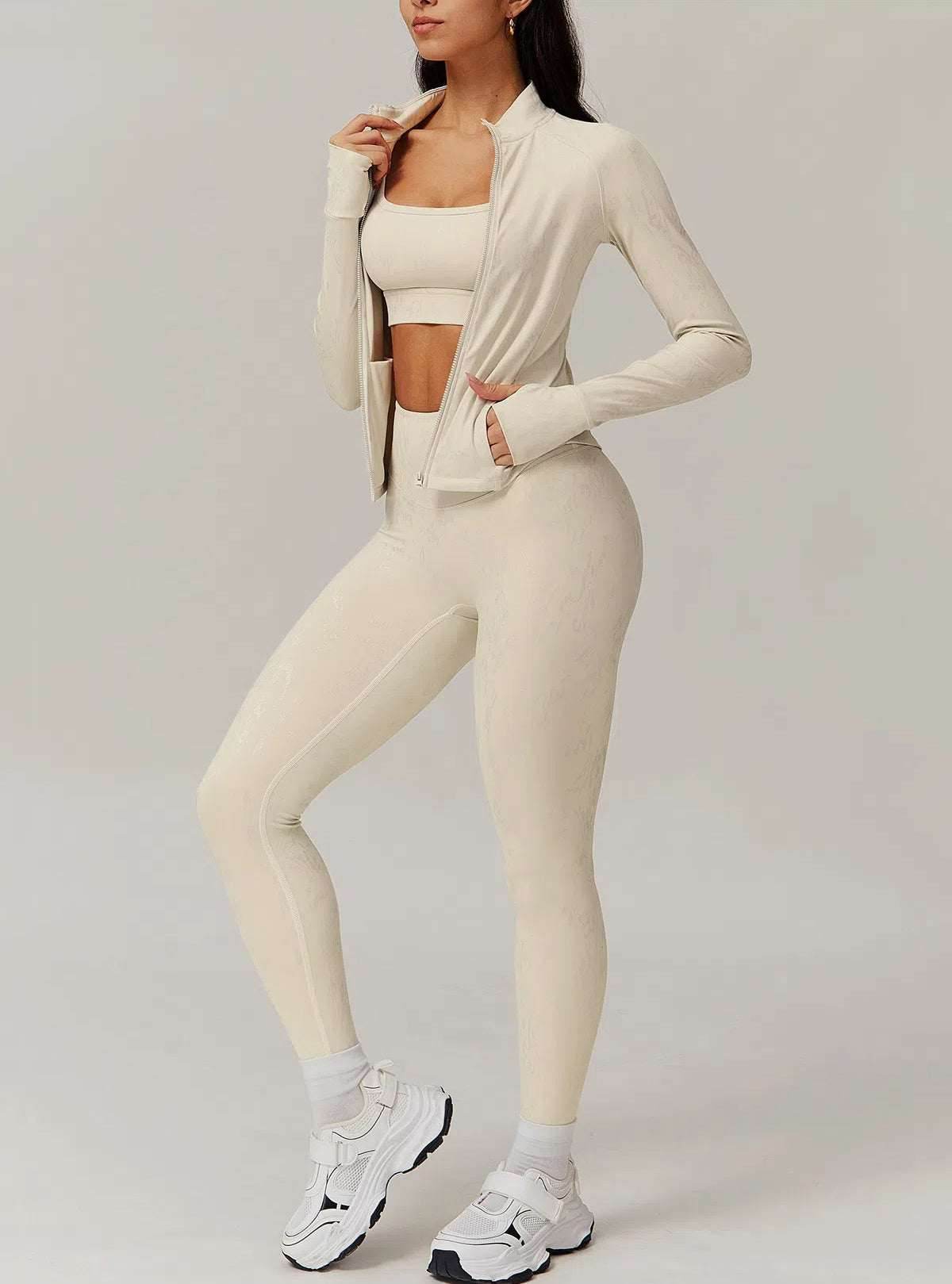 Sports Set with Full Zipper Long Sleeve Jacket and Leggings