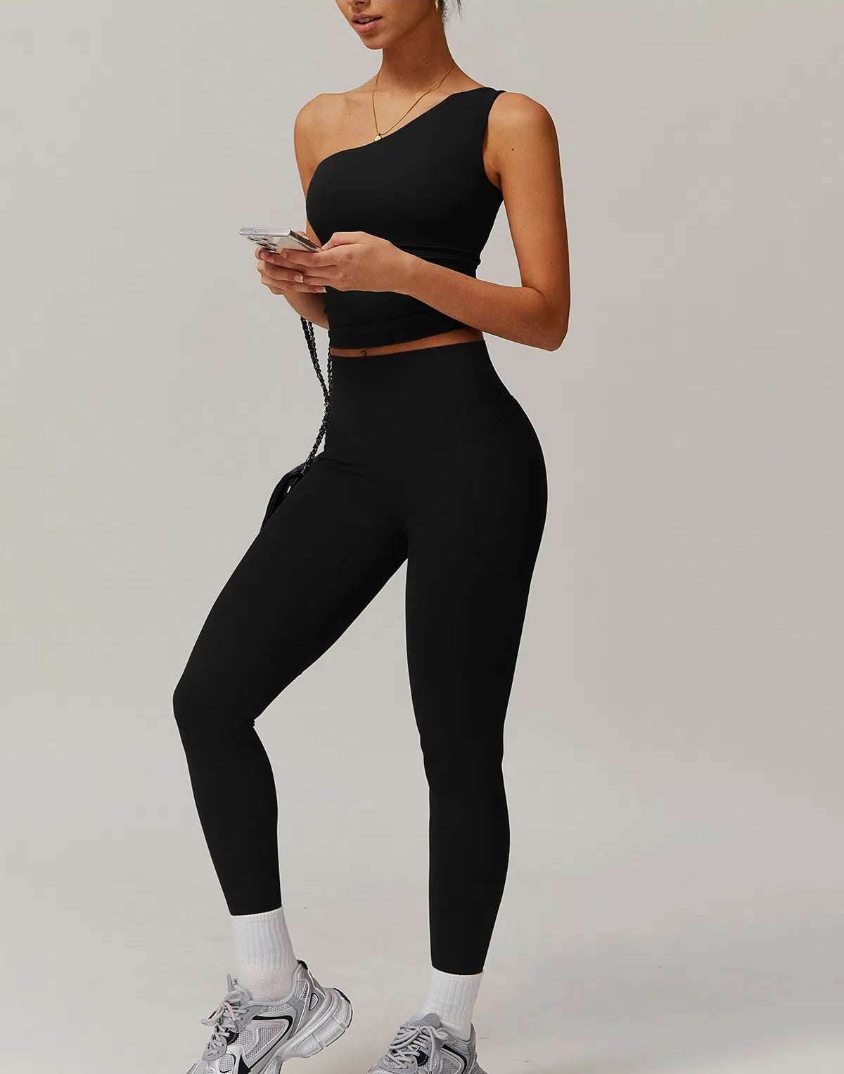 Solid Yoga Set With One shoulder Tank Top and Legging
