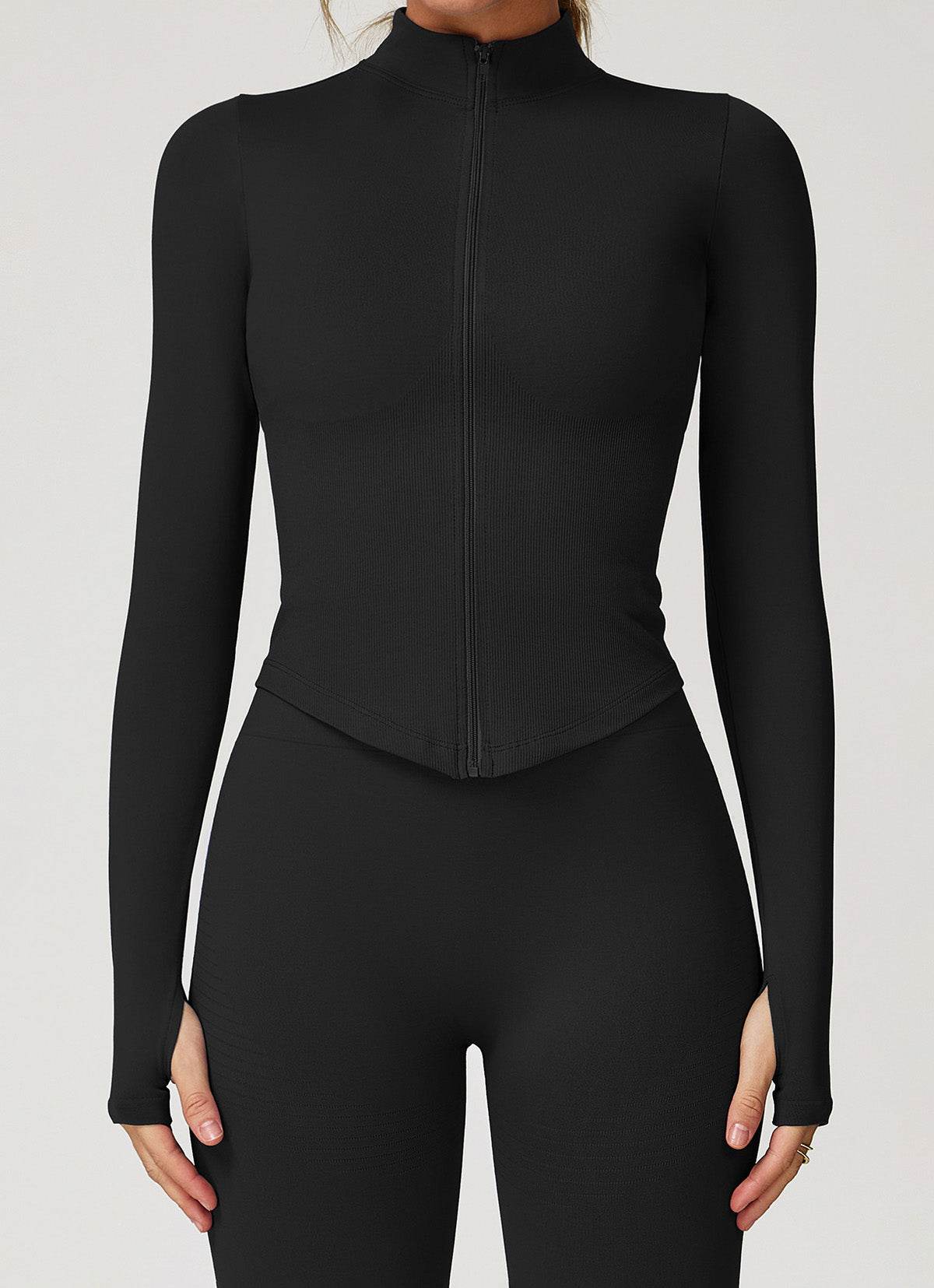 Full Zip Cropped Workout Jacket with Thumb Holes - Black