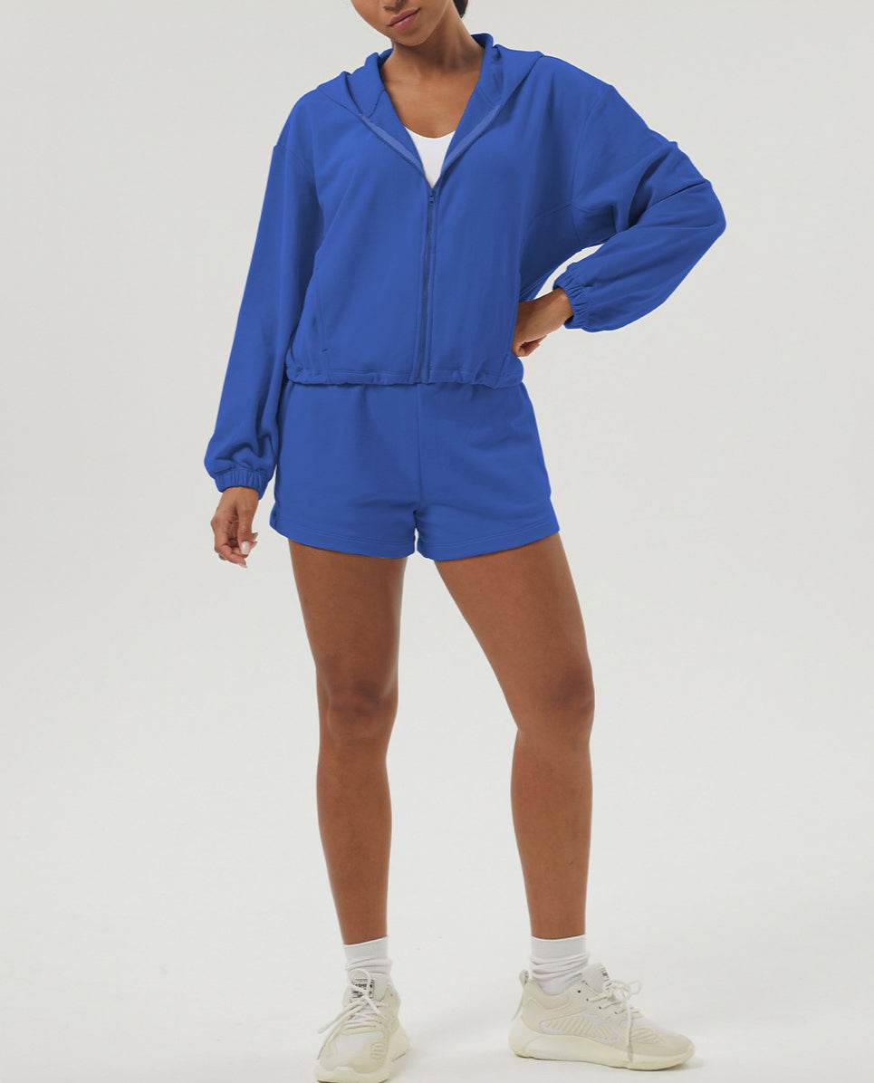 Loose Sports Set with Full Zip Hooded and Adjustable Short