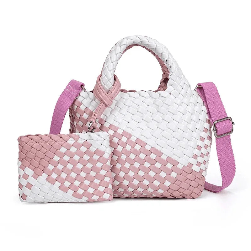 New Woven Pu Leather Tote Bag Crossbody - Pink