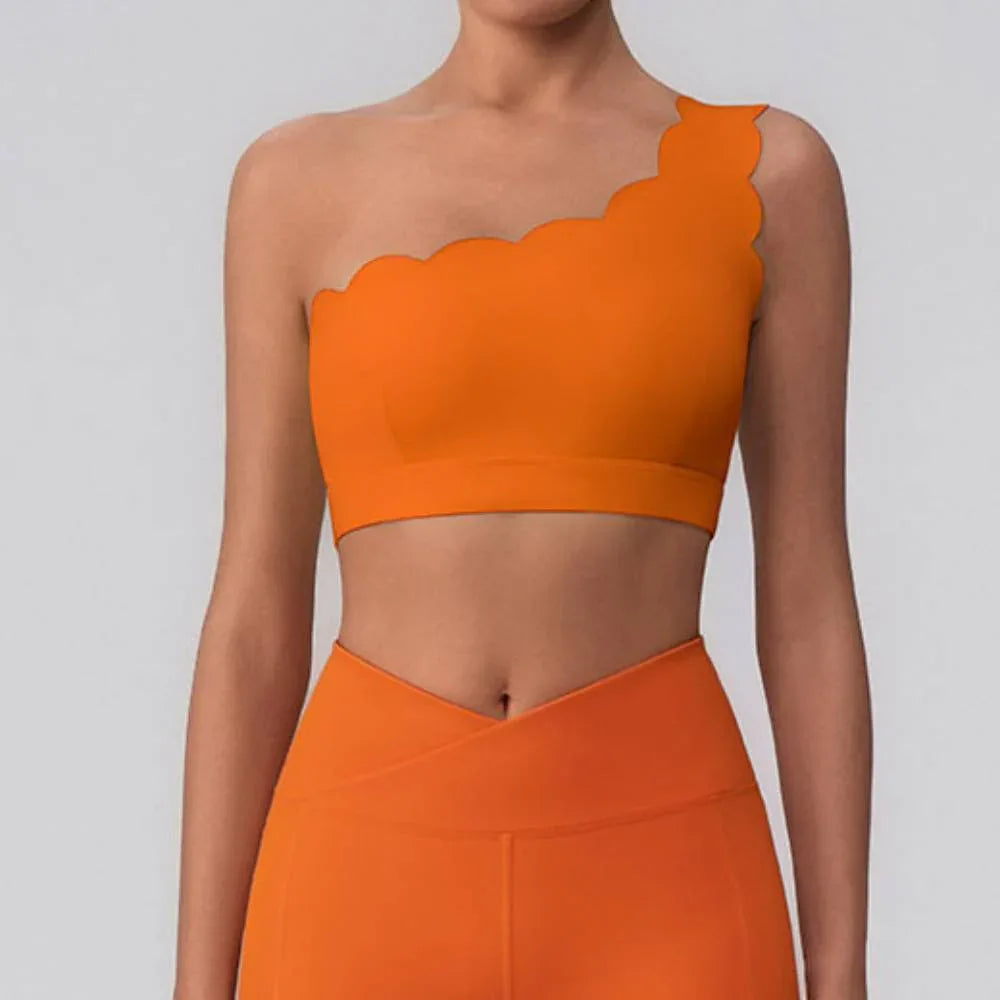 CRAVEBYFW orange red wavy one-shoulder bra tank on model