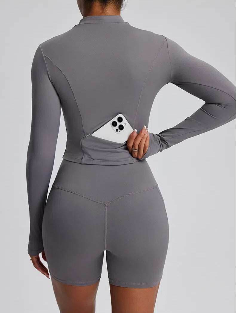 High Waist Fitness Set With Long Sleeve Shirt & Short
