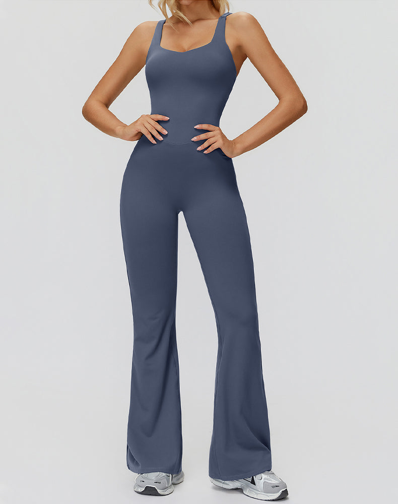 Cross Back One Piece Jumpsuit Yoga Flare Leg Rompers