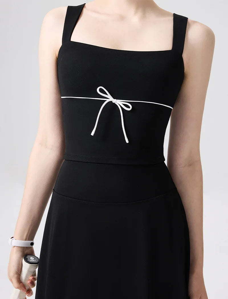 Color Blocked Tank Top Open Back Shirt with Built-in Bra Pad - Black
