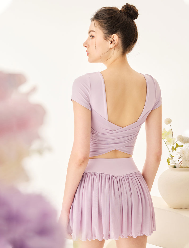Activewear Set with Short Sleeve Crop T-Shirt and Skirt - Pink