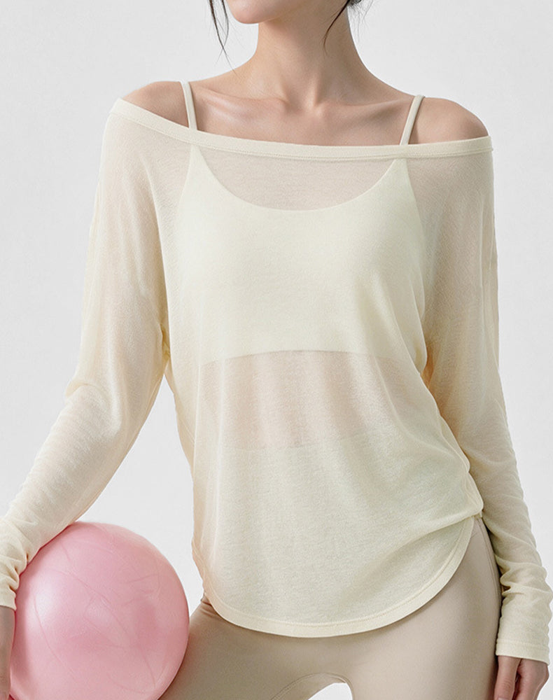 Off Shoulder Long Sleeve Sheer Mesh Yoga Tops