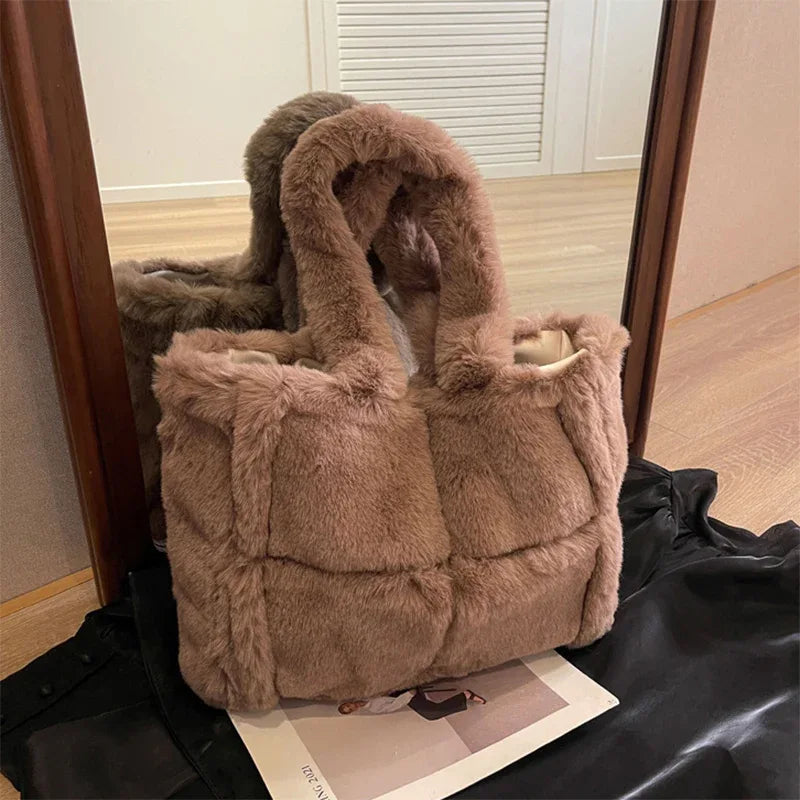 Winter Soft Plush Shoulder Handbag Bag Large Fluffy Tote Bag -