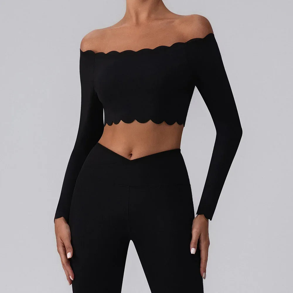 Off Shoulder Crop Tops Long Sleeve Shirt with Removable Cups - Black