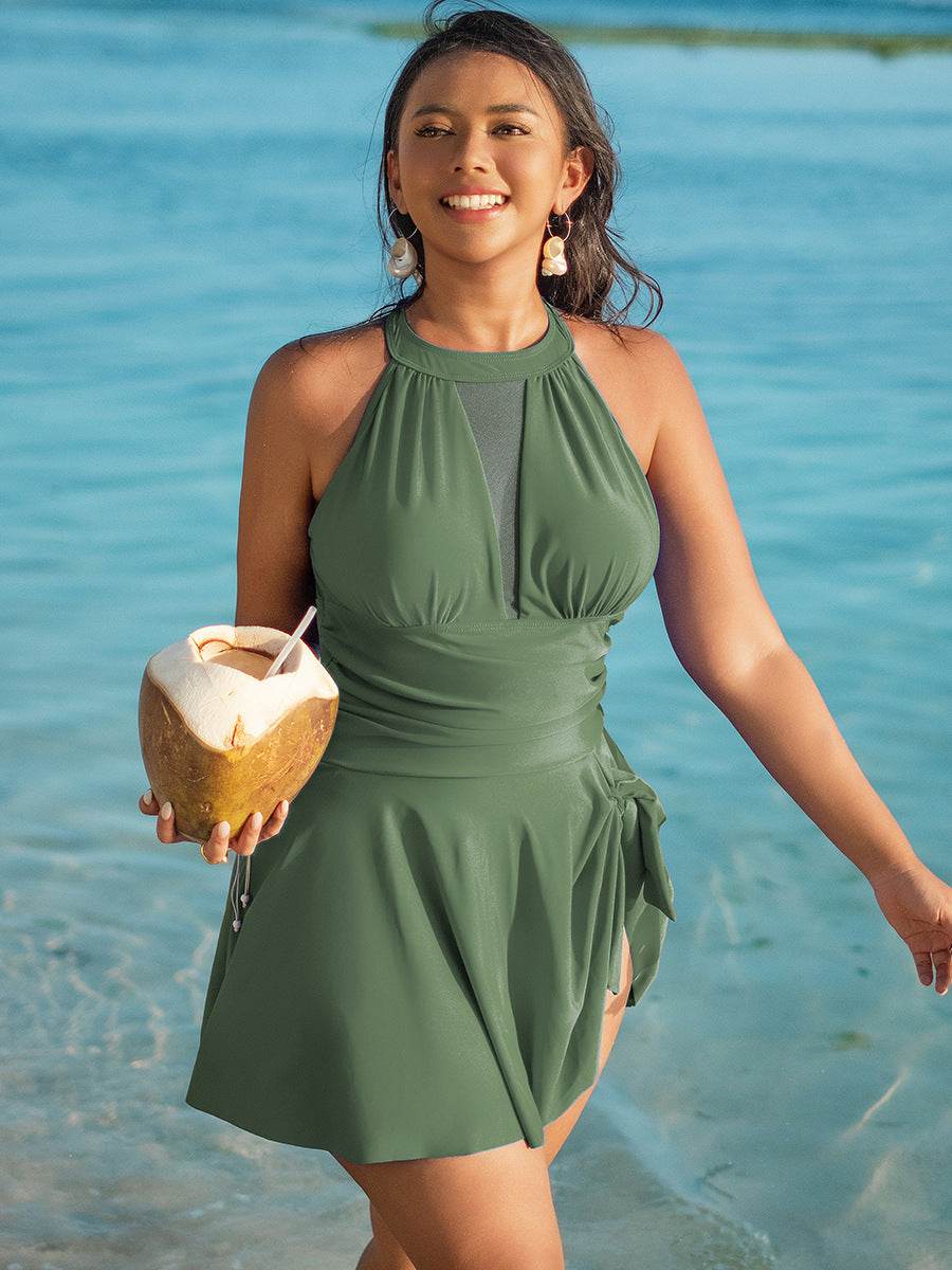 Plus Size Halter Cutout One Piece Swim Dress
