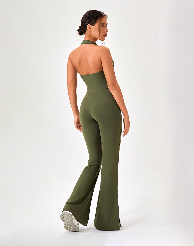 Halter Neck Flare Jumpsuit One Piece Side Split Yoga Rompers