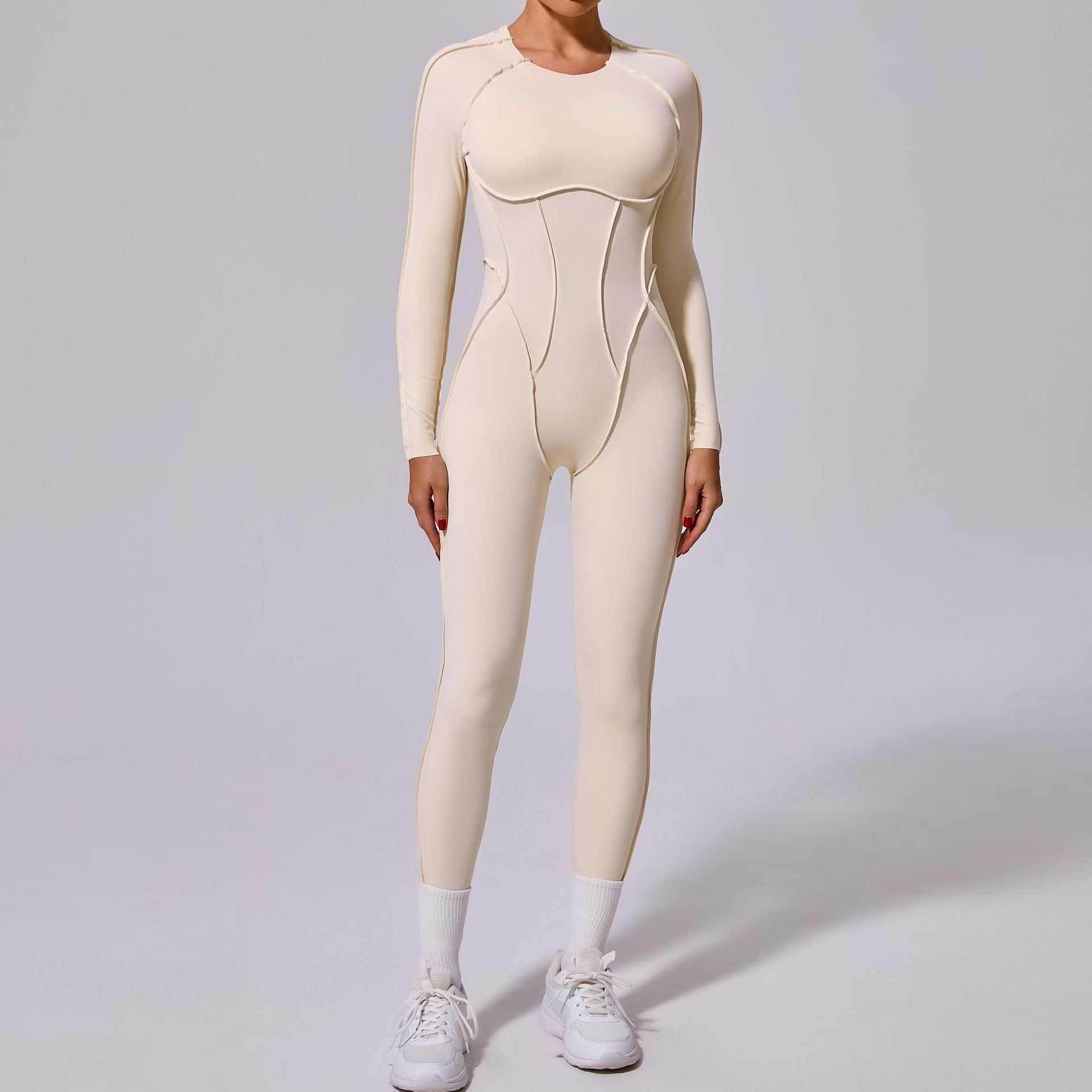 Long Sleeve Backless Yoga Jumpsuits - Beige