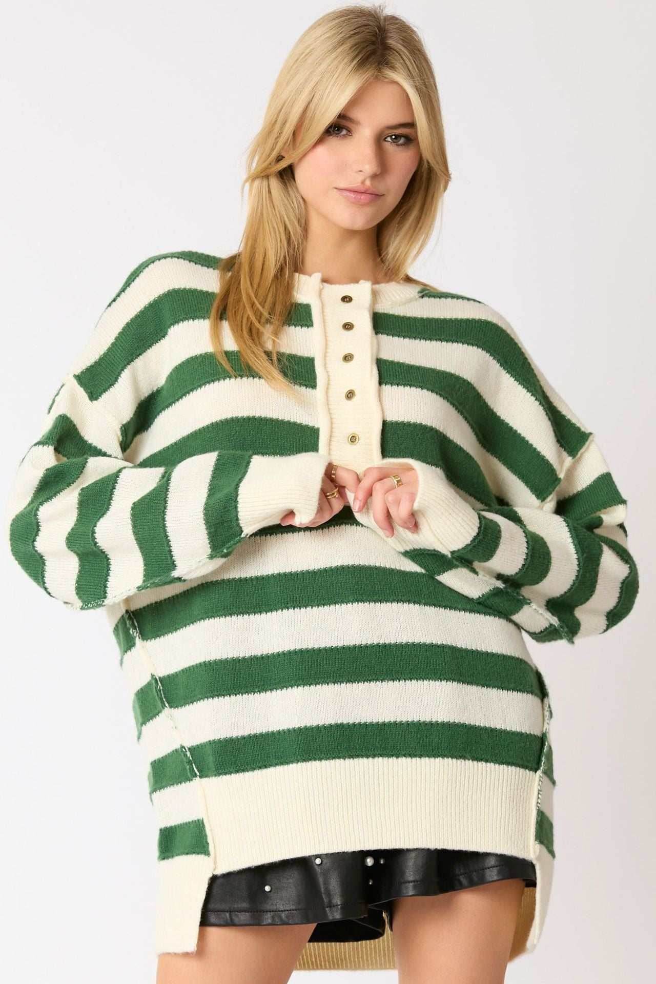 Long Sleeve Button Striped Pullover Sweater