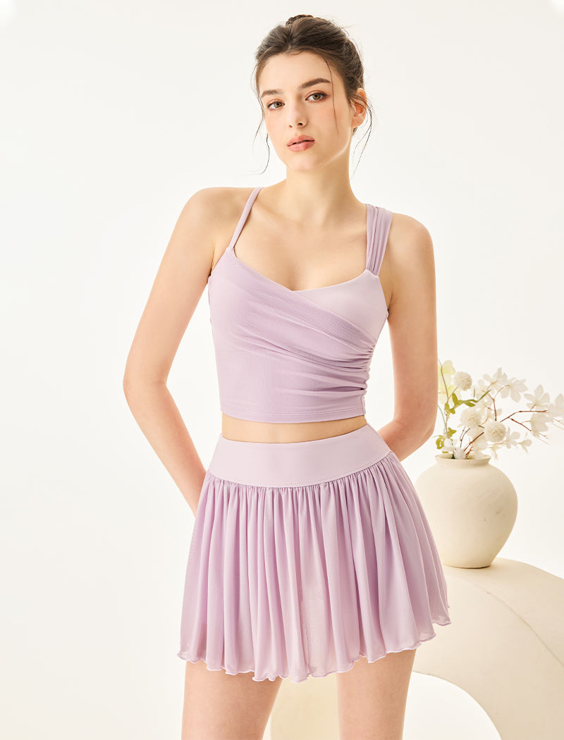 Mesh Tennis Set with Asymmetrical Strap Tank Top and Skirt