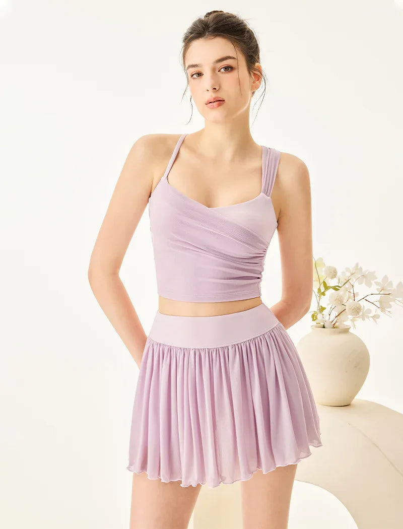 Mesh Tennis Set with Asymmetrical Strap Tank Top and Skirt - Pink