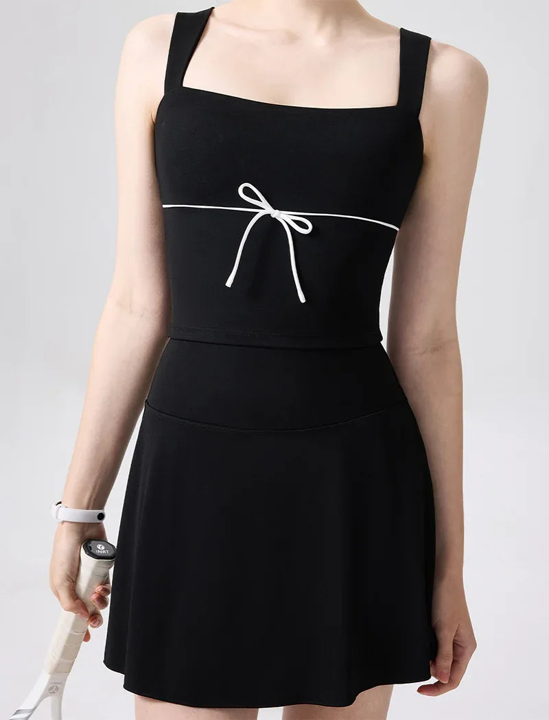 Color Blocked Tennis Sets with Open Back Tank Top and Skirt -