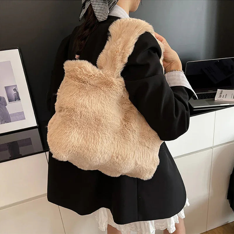 Fluffy Tote Bag Large Fur Winter Fuzzy Shoulder Handbag -